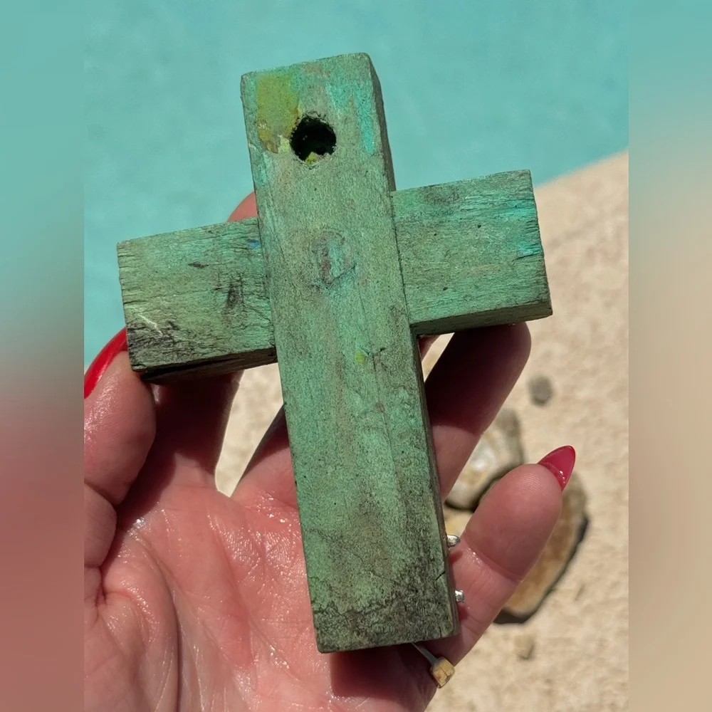 Milagros Silver Metal Charm Spanish Folk Art Painted Wood Cross-Turquoise Blue